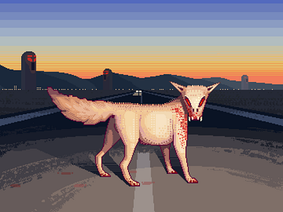 Gatekeeper 8bit animal character creature darius anton dark driving dusk horror illustration pixelart retro road scenery sunset