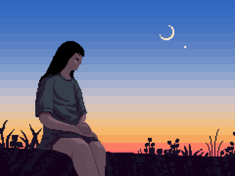 Loneliness 8bit animated character darius anton dusk illustration loneliness mellow moody moon night pixelart pixelartist retro scenery sunset wind
