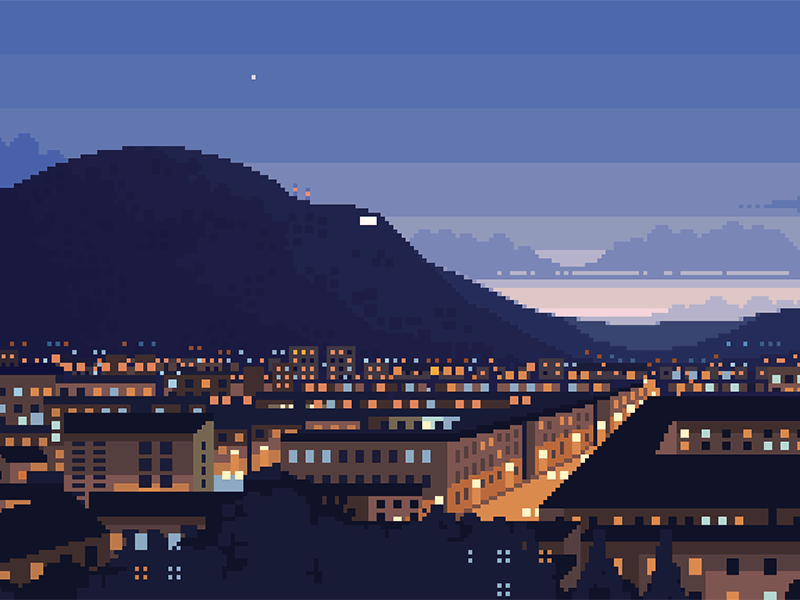 GIF 8bit blue brasov city cityscape dawn dusk illustration landscape night pixelart pixelartist pixels scenery