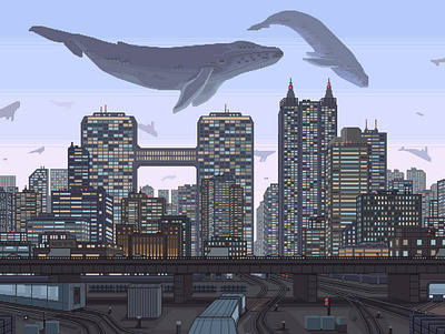 City of Whales 8bit city cityscape cityscapes design flying illustration night pixelart rails retro scenery surreal train whales