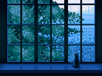 Cat on Window 8bit blue cat contrast dark design illustration mellow moody pixelart pixelartist retro scenery window