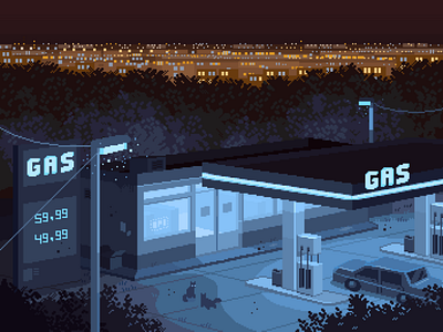 Gas Station 8bit aesthetic blue cityscape contrast gas illustration mellow moody night pixelart retro roadtrip scenery