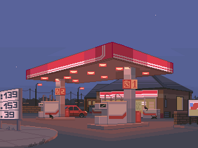Gas Station 8bit blue contrast design gasstation illustration lonely moody night pixelart retro roadtrip scenery
