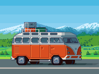 Roadtrip 8bit adventure aesthetic contrast ghibli illustration minivan pixelart retro