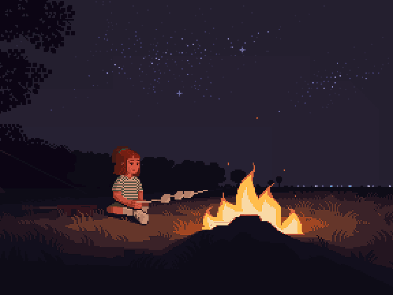 Warm nights 8bit camping character contrast fire illustration night pixelart retro stars