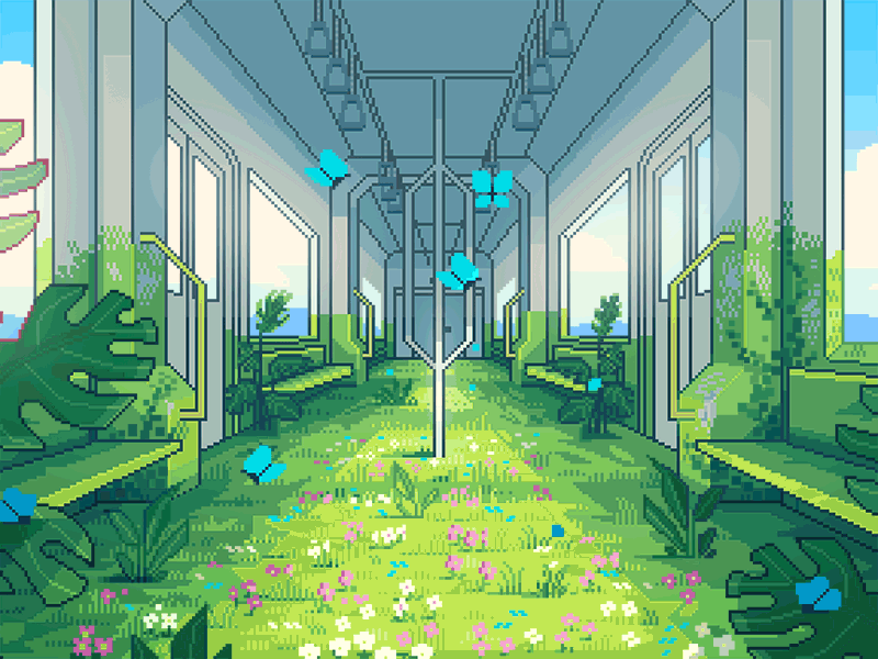 Terrarium Inside a Train 8bit butterflies greenery illustration pixelart retro