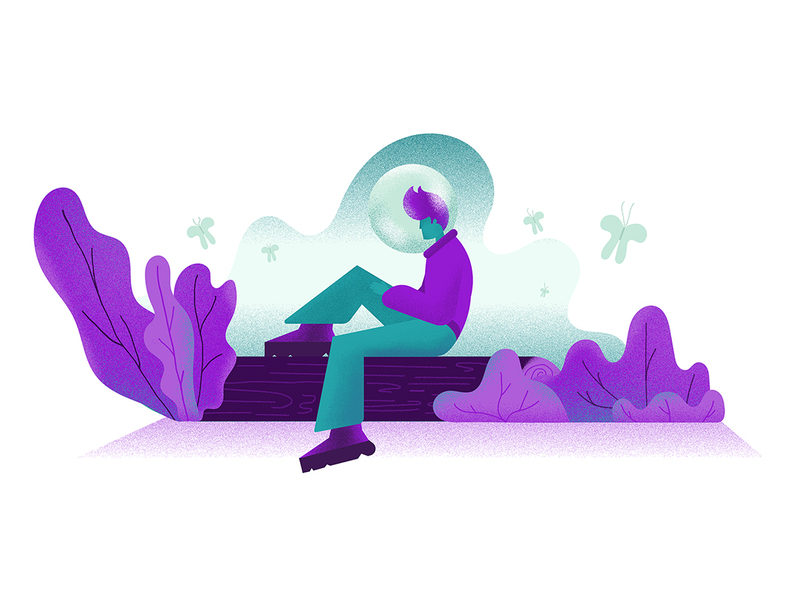 Worlds backlit character cyan design dissolve gradients illustration leaves noise purple scenery sitting