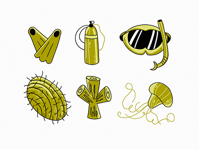 Diving icon set cute design diving icons illustration lineart logo objects scuba sea sea creatures sea food sealife