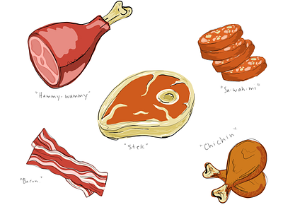 Cute Meat Meet-Cute bacon chicken wings cute funny ham illustraor illustration jokes lol meat meats meet cute salami steak valentine valentine day valentines day valentines day card