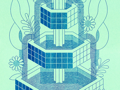Thirst Trap 3d design drawing fantasy flower hedges illustration isometric leaves linework lush medieval plants riso risograph tile water
