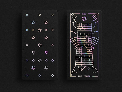 Holographic Tarot - The Tower cosmic cosmos design drawing fantasy holographic illustration lettering rainbow spectrum stars tarot tower