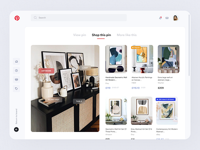 Pinterest Concept app clean commerce dashboard design desktop interface minimal pinterest shopping simple ui uplabs ux web
