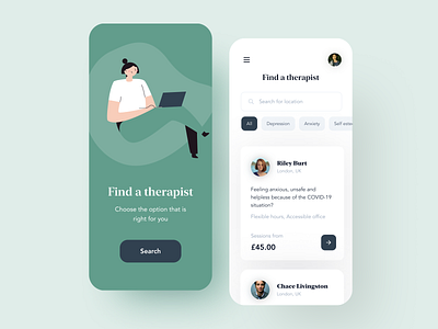 Therapy Search iPhone Concept App app card clean daily ui design green illustration interface ios iphone minimal mobile search typography ui vector