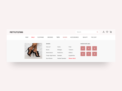 Pretty Little Thing Menu Concept - #dailyui 027 027 adobe concept daily ui design dropdown ecommerce interface madewithadobexd menu online pretty little thing shoes shopping ui ux web website xd