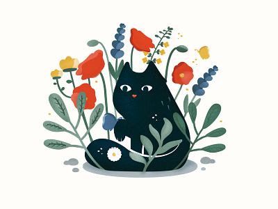 Black cat in the garden cat cute cat cute logos floral flowers garden garden cat