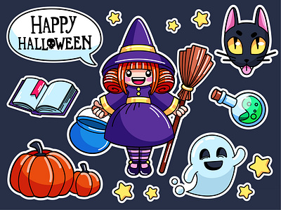 witch stickers cat charachters flat ghost girl halloween illustration pumpkin sticker stickers vector