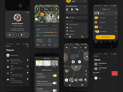 Family Tracker app for lifecell app branding cellular darkmode design graphic design illustration ios iphone lifecell locations logo map mobile radar route safety theft ui ux
