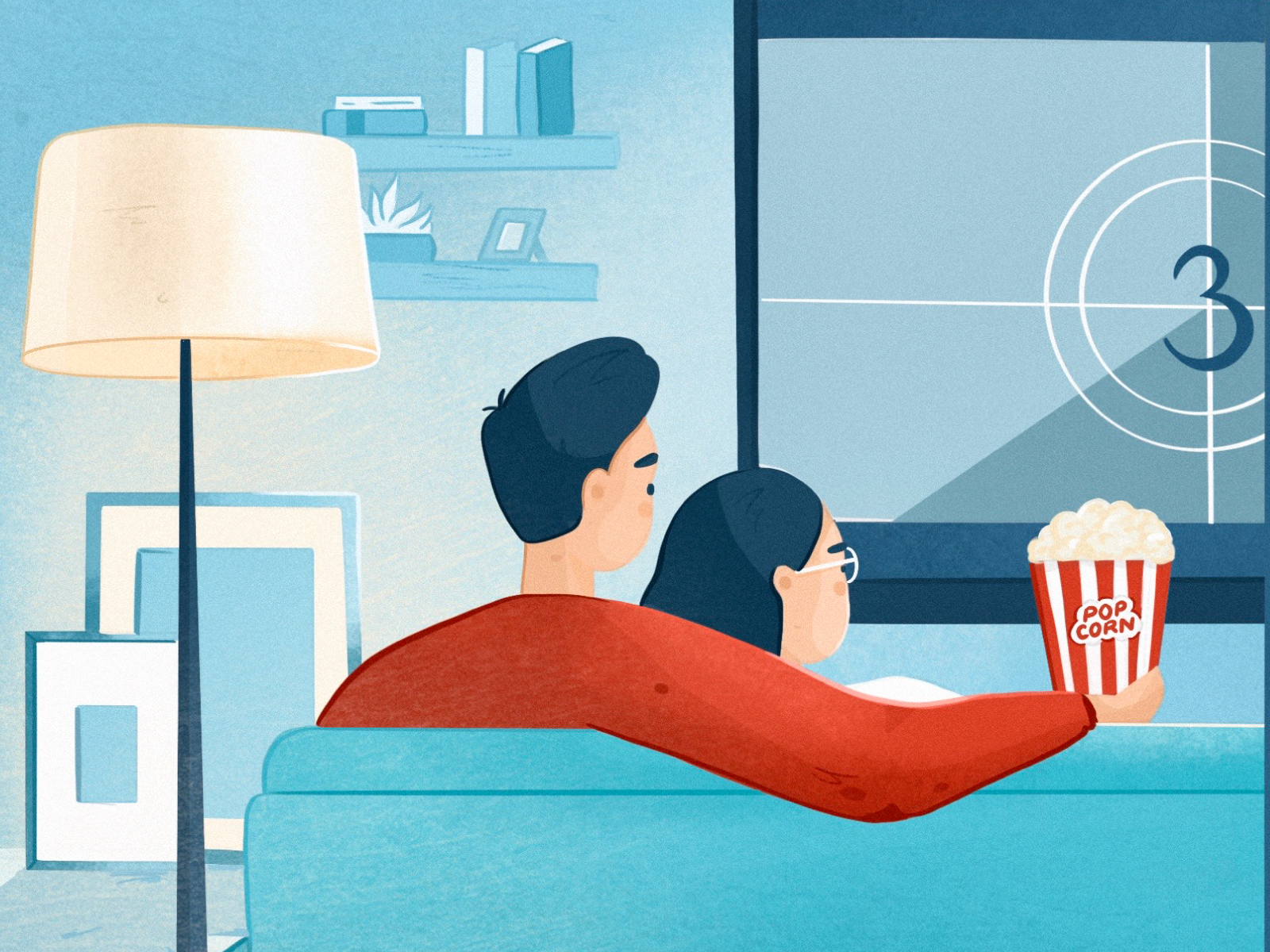 SPLIT SCREEN TV COUPLE 2d art blue character clean couple design drawing flat illustration minimal movie popcorn sofa textures tv web