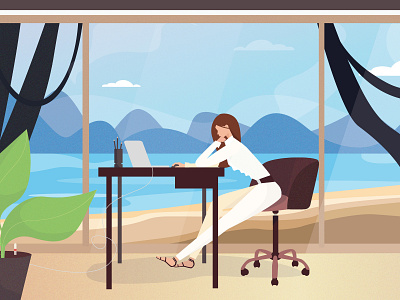 Summer office designer illustration inspirations ocean office sea textures ui view woman work