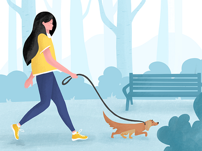 Sunday walks bench blue digital dog draw drawing forest girl girl character park procreate walking web yellow