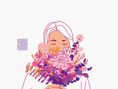 girl with bouquet. Lineart bouquet character design flat flower graphic illustration illustrator lineart vector vector illustration woman