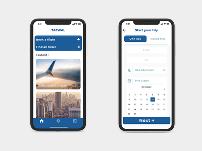 Tajwal app app design blue design flight flight app flight search interface ios iphone iphone x minimal mobile trips ui ux