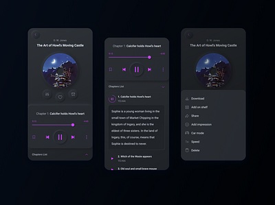 Audiobook player: listen, read, love audio audio app audio player audiobook audiobooks audioplayer book dark dark mode dark theme dark ui mobile mobile app mobile app design mobile design mobile ui neomorphic neomorphism reading reading app