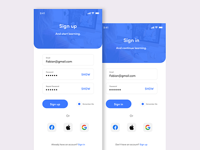 Sign up account app blue clean design iphone sign in sign up simple ui