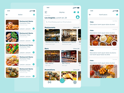 Restaurant table reserving app address bar bars food ios main page navigation bar notification promotion restaurant search wallet