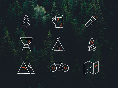 Outdoors set icons branding camping dribbbleshot flatdesign icon icon design icon set iconography iconpack logodesigner minimal outdoors woods