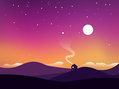 Sky cabin clouds house illustration moon mountain purple sky stars