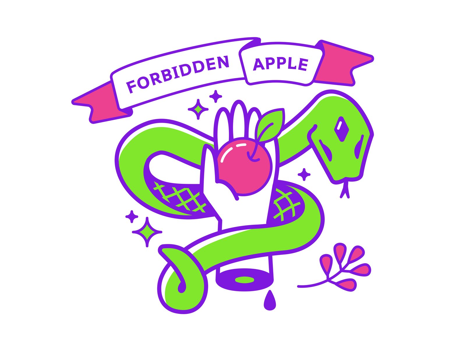 Forbidden Apple t-shirt neon icon illustration danger eve adam purple green pink leaves cut blood poison snake garden secret apple forbidden