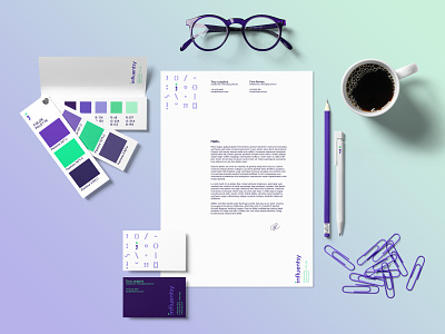 Influentsy Stationery branding business card collateral color palette communication copyrighting graphic design green letterhead logo pantone paper purple stationery type typography vector visual communication visual identity werock