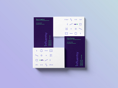 Influentsy Business Cards agency branding business card collateral communication copywriting corporate graphic design green logo marketing pantone purple spot color studio type typography visual communication visual identity werock
