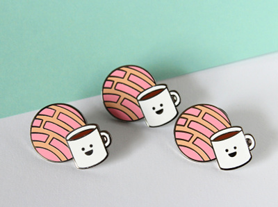 Concha and Coffee Hard Enamel Pin concha dessert enamel pin graphic design hard enamel pin illustration mexican mexico pan dulce pastry vector