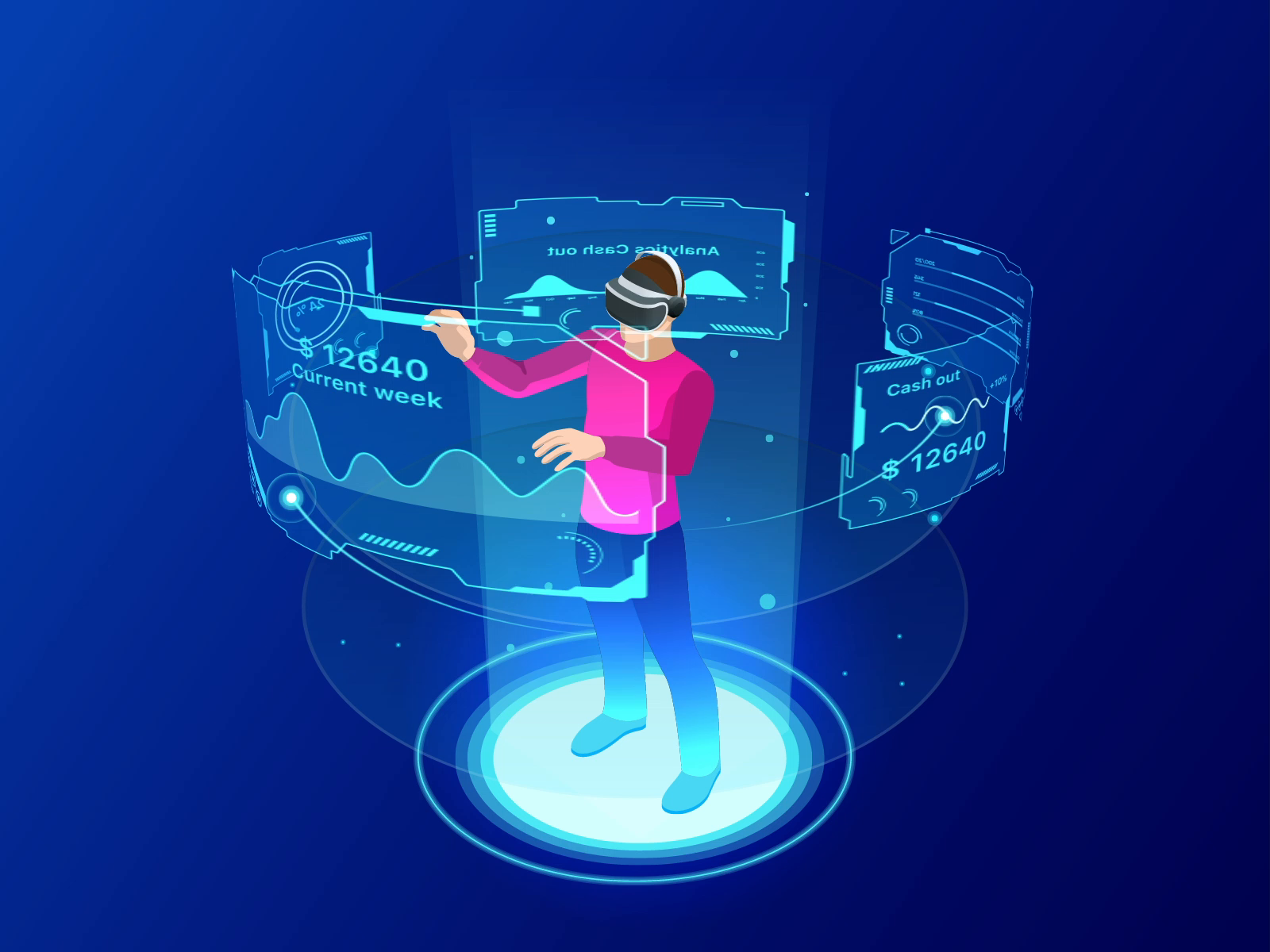 Виртуальные пользователи. VR инфографика Интерфейс. VR dashboard. Награда Dribbble Cuberto. Dashing animation.