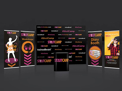 STRUTCAMP BOOTH advertisement backdrop banner brand camp design event girl graphic logo phoenix print roll up banner sign stand steel studio table wallpaper womans