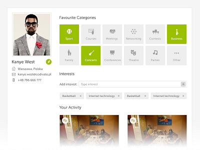 Profile Page Details account clean event flat icons interests kanye organize profile ui
