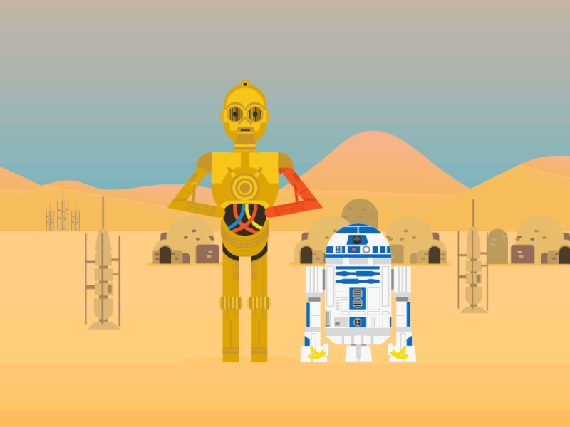 C3-P0 and R2-D2. 64by64 animation c3p0 droids fan art gif illustration loop motion graphics r2d2 starwars theforceawakens