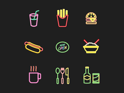 Neon Fastfood Iconset. art design fastfood graphicdesign iconaday iconography icons iconset illustration neon outline vector