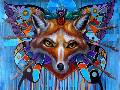 Foxface acrylic art blue butterfly design fox illustration surreal
