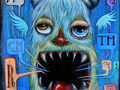 Monster Face acrylic art blue design illustration monster surreal word bubble