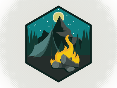Campsite Badge Logo badge campfire fire logo moon mountains night pines tent
