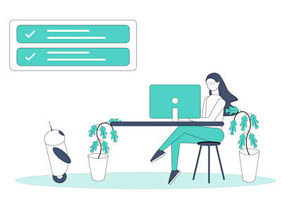 You've done all your work! app blue branding canada complete corporate design desk finance flat green illustration minimal plant robot task ui vector web woman