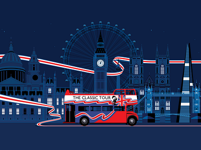 The Classic Tour big bus branding classic design england illustration london marianna orsho mariannaorsho night red bus ribbon tour tourism ui union jack united kingdom ux vector visual identity