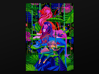Hush digital art flora girl illustration jungle leaves lion lions marianna orsho mariannaorsho orsho palm leaves tropical umbrella vegetation
