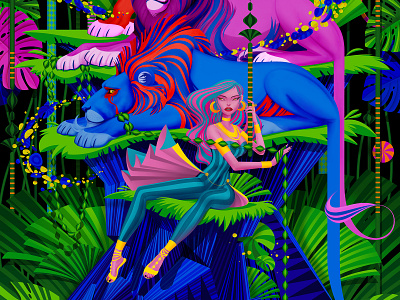 Hush (Detail) chaos character design characters girl illustration jungle leaves lion lions marianna orsho mariannaorsho palm leaves tropical vegetation