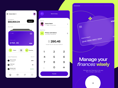 Fintech Mobile App | Wisely bank app banking design fintech onboarding purple send money shot ui