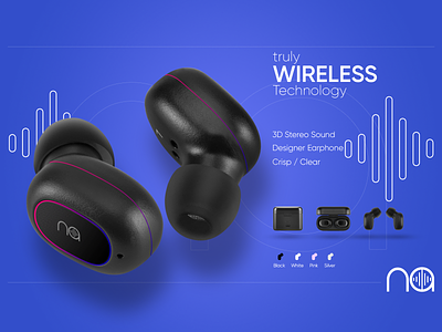 NA Wireless Earbuds 3d black black white blue brand branding clear colors design designer earbuds earphone gadget. mockup music pink silver sound technology ui