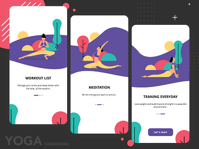 Yoga Onbording App adobe photoshop app design app development character design exercise illustration art illustration design onboarding ui ux workout app yoga app yoga pose